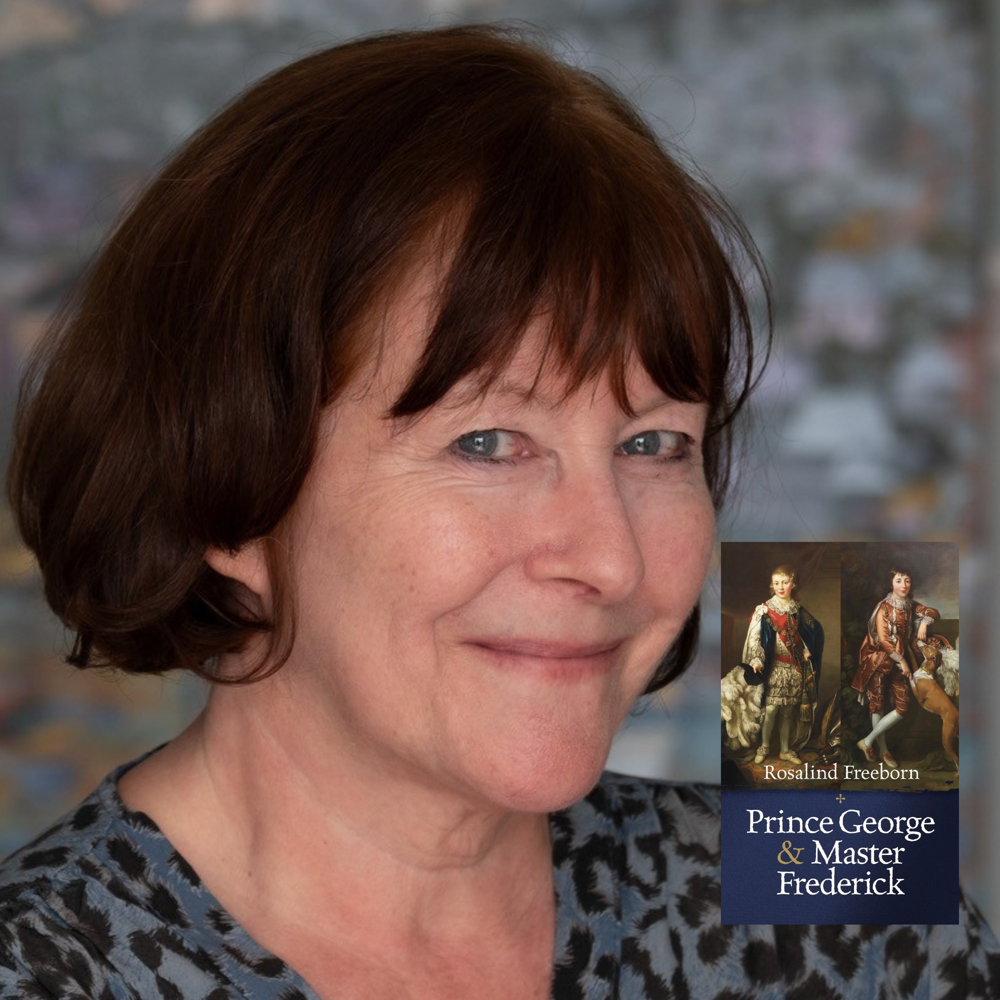 Rosalind Freeborn headshot and book jacket Prince George and Master Frederick
