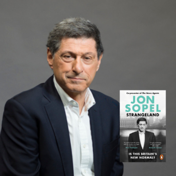 Jon Sopel headshot c Paul Hansen and book jacket Strangeland
