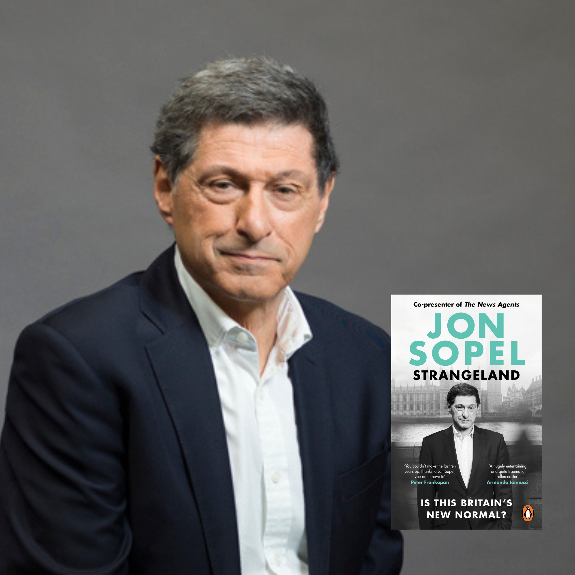Jon Sopel headshot c Paul Hansen and book jacket Strangeland